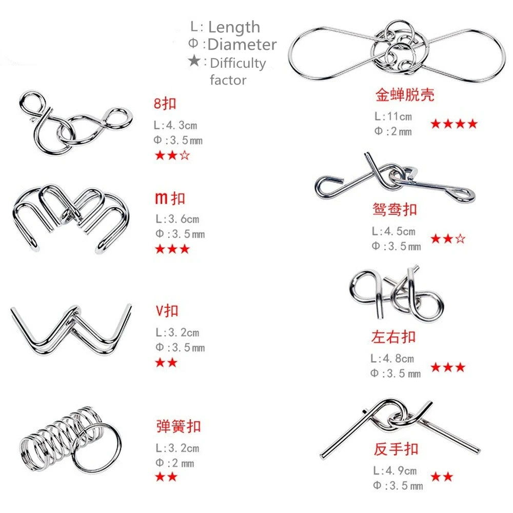 8Pcs/Set Metal Montessori Puzzle Wire IQ Mind Brain Teaser Puzzles Children Adults Interactive Game Reliever Educational Toys