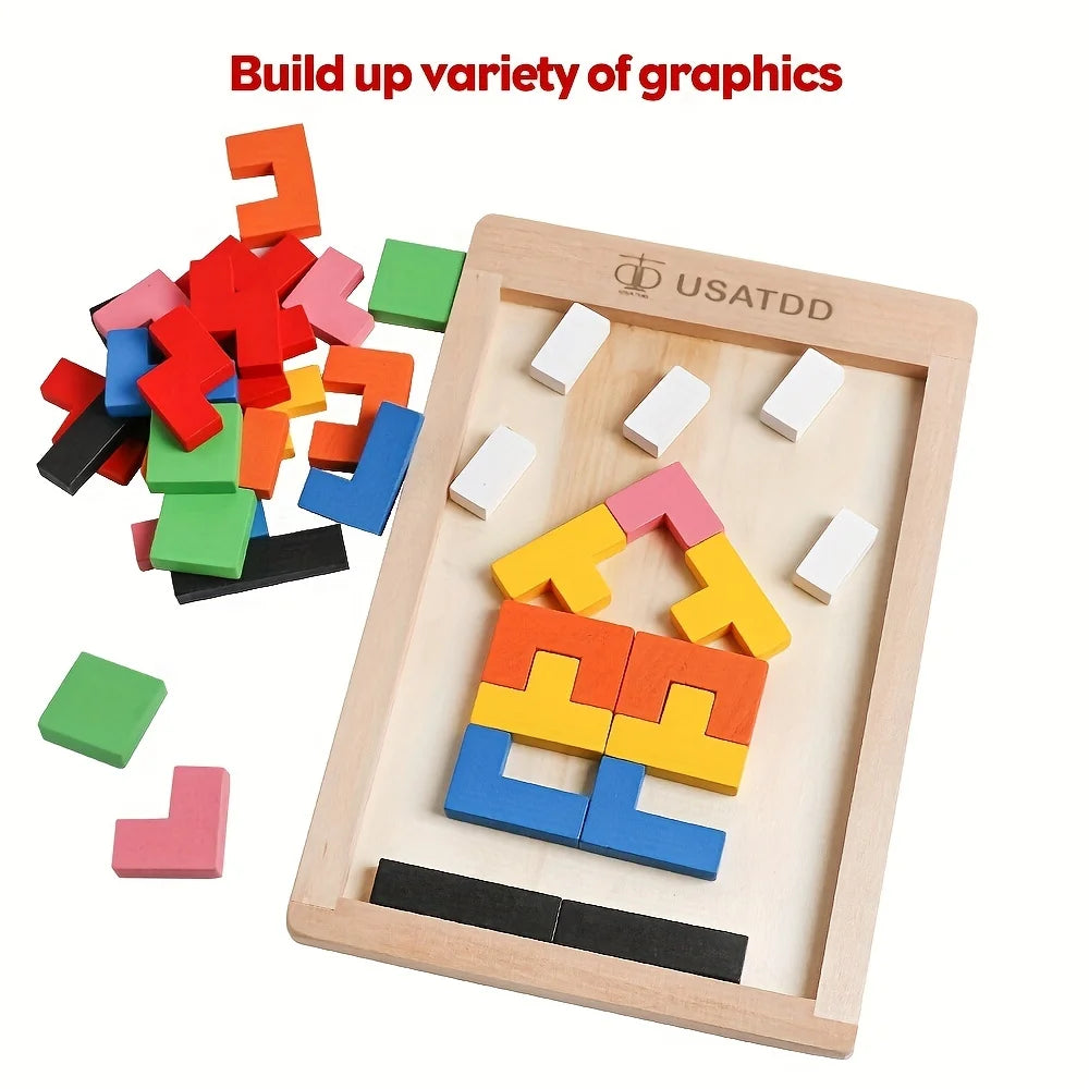 Wooden Puzzles Blocks Brain Teasers Toy Tangram Colorful Jigsaw Game Preschool Educational Gift For Baby Toddlers Kids