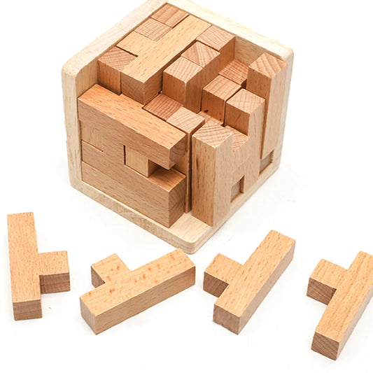 Wooden 3D Puzzles with 25 T-shaped Blocks,Classic Luban Lock Cube Puzzle Toys, Intellectual Game for children and adults