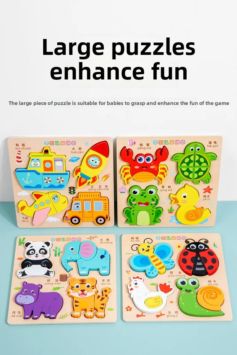 3D Puzzles Wooden Children's Puzzle 4-6 Early Education Cognition Animal Traffic Shape Matching Building Block Toy for Kids Gift