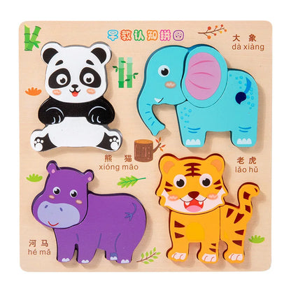 3D Puzzles Wooden Children's Puzzle 4-6 Early Education Cognition Animal Traffic Shape Matching Building Block Toy for Kids Gift