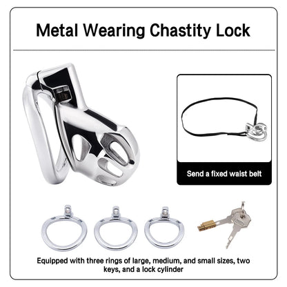 Stainless Steel Chastity Cage for Men, with Adjustable Rings (S/M/L) & Anti-Escape Belt, BDSM Adult Toy, Male Chastity Belt