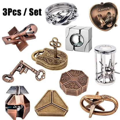 3Pcs Set Metal Brain Teaser Puzzle Toys IQ Challenge Games Solution Unlock for Kids & Adults Perfect Party Challenge Gift