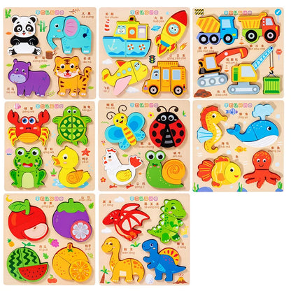 3D Puzzles Wooden Children's Puzzle 4-6 Early Education Cognition Animal Traffic Shape Matching Building Block Toy for Kids Gift