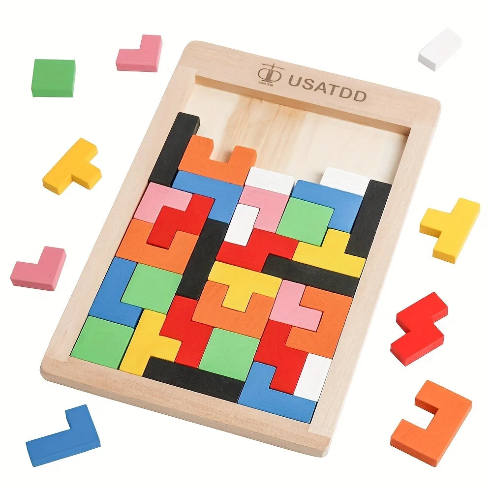 Wooden Puzzles Blocks Brain Teasers Toy Tangram Colorful Jigsaw Game Preschool Educational Gift For Baby Toddlers Kids