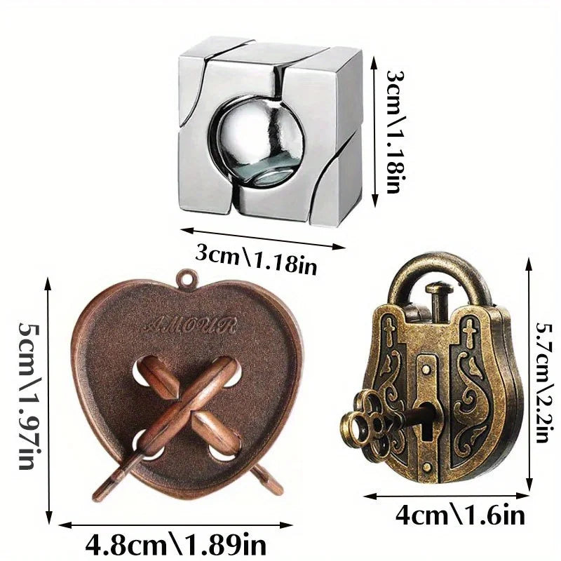 3Pcs Set Metal Brain Teaser Puzzle Toys IQ Challenge Games Solution Unlock for Kids & Adults Perfect Party Challenge Gift