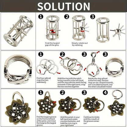 3Pcs Set Metal Brain Teaser Puzzle Toys IQ Challenge Games Solution Unlock for Kids & Adults Perfect Party Challenge Gift