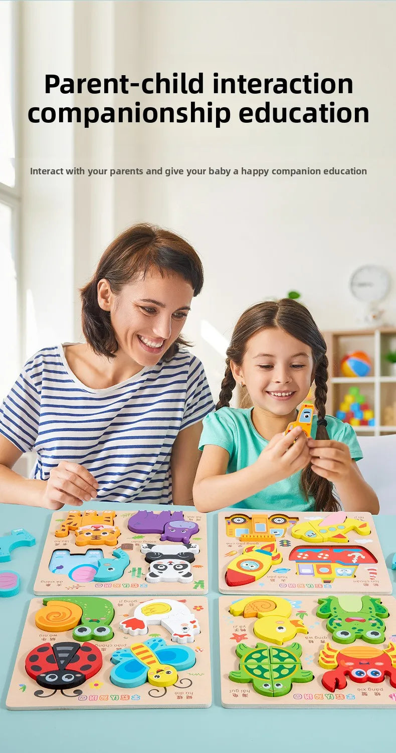 3D Puzzles Wooden Children's Puzzle 4-6 Early Education Cognition Animal Traffic Shape Matching Building Block Toy for Kids Gift