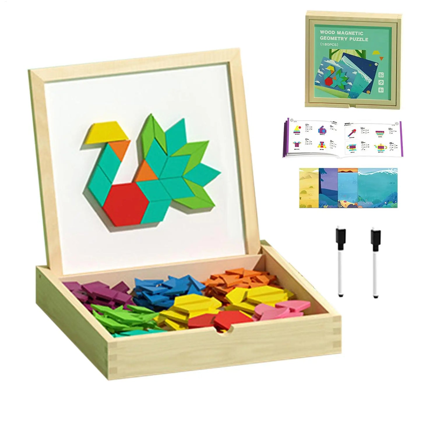 Magnetic Wooden Pattern Blocks Set STEMs Geometry Learning Toys For Kids 4-8, Educational Puzzle With Activity Cards