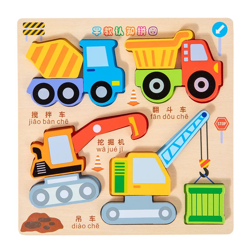 3D Puzzles Wooden Children's Puzzle 4-6 Early Education Cognition Animal Traffic Shape Matching Building Block Toy for Kids Gift
