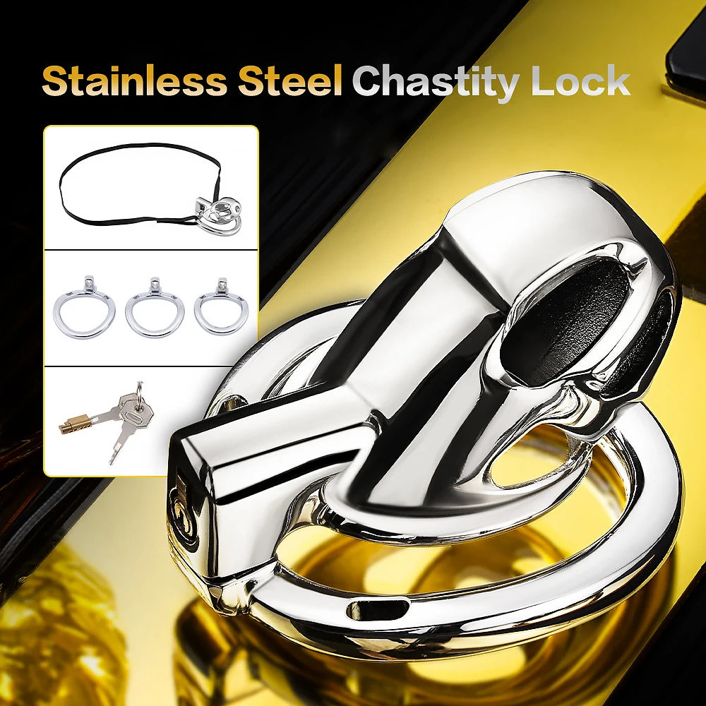 Stainless Steel Chastity Cage for Men, with Adjustable Rings (S/M/L) & Anti-Escape Belt, BDSM Adult Toy, Male Chastity Belt