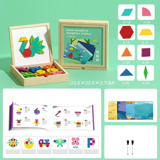 Magnetic Wooden Pattern Blocks Set STEMs Geometry Learning Toys For Kids 4-8, Educational Puzzle With Activity Cards