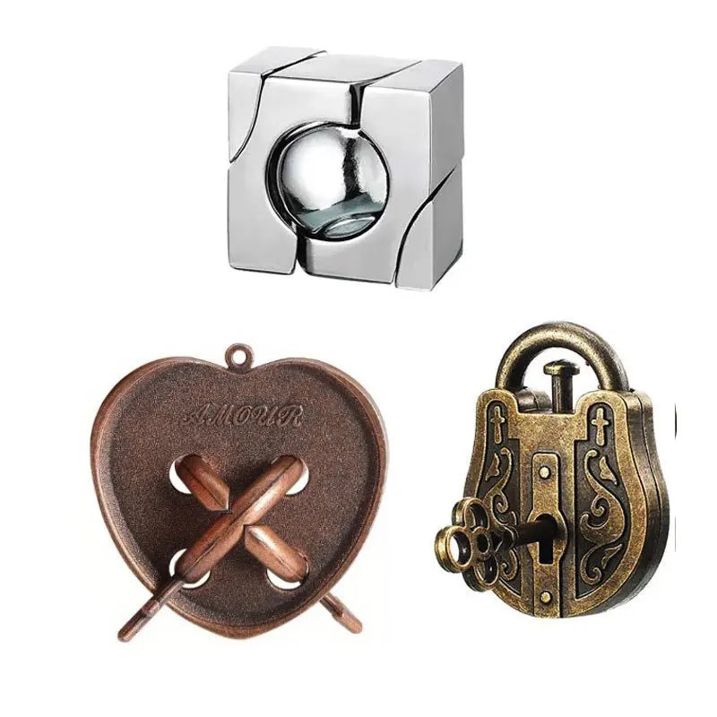 3Pcs Set Metal Brain Teaser Puzzle Toys IQ Challenge Games Solution Unlock for Kids & Adults Perfect Party Challenge Gift