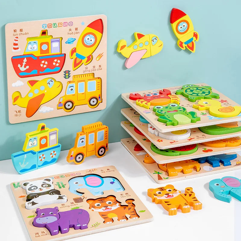 3D Puzzles Wooden Children's Puzzle 4-6 Early Education Cognition Animal Traffic Shape Matching Building Block Toy for Kids Gift