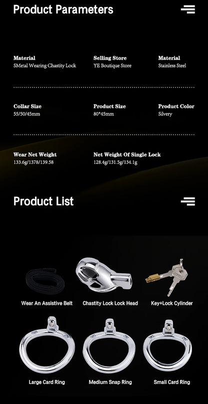 Stainless Steel Chastity Cage for Men, with Adjustable Rings (S/M/L) & Anti-Escape Belt, BDSM Adult Toy, Male Chastity Belt